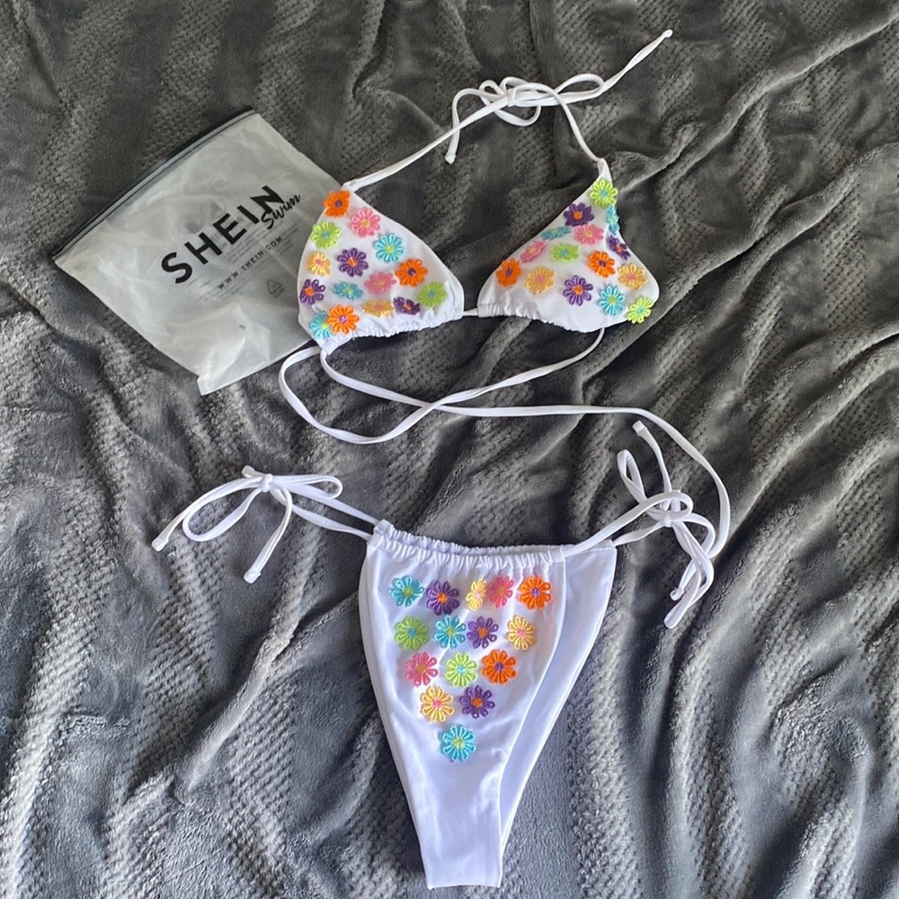 SHEIN bikini, white with colourful flowers, size L.